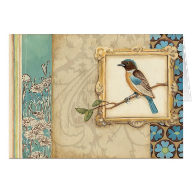 Pájaro marrón y azul en una rama mirando hacia arr (Anverso (Horizontal))