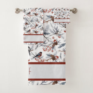 Pájaro Monograma Blanco Gris Plata Rama Bayas Roja