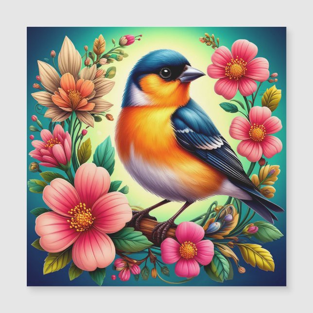 Pájaro Posado Entre Flores Coloridas (Anverso)