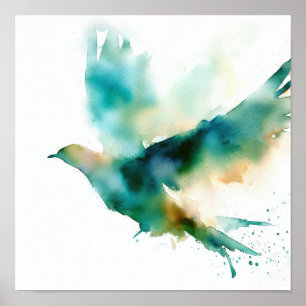 Pájaro verde acuarela poster de arte en vuelo