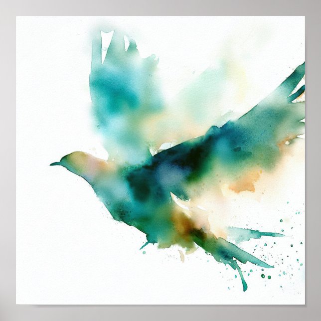 Pájaro verde acuarela poster de arte en vuelo (Frente)