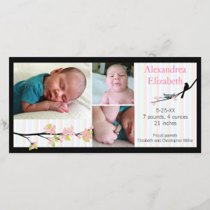 Pájaro y flores en la invitación rosada del