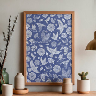 Pájaros azules y blancos y arte floral dibujado a 