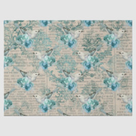 Pájaros blancos, flores azules y papel de prensa