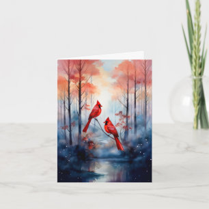 Pájaros Cardenales Rojos en un Bosque Brumoso
