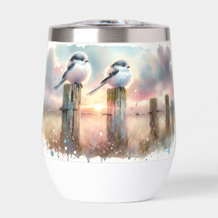 Pájaros de acuarela pastel en un poste de cerca al