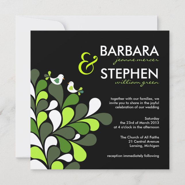 Pájaros del amor - invitaciones verdes de la boda (Anverso)