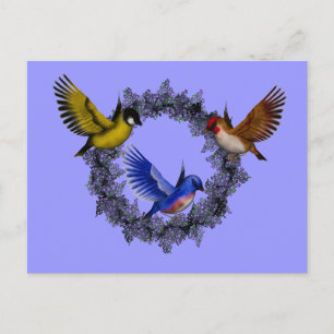 Pájaros en la postal púrpura de la guirnalda de la