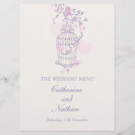 Pájaros jaula púrpura rosado gran boda menú de cen