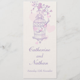 Pájaros jaula violeta rosa boda menú de cena