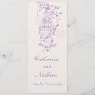 Pájaros jaula violeta rosa boda menú de cena