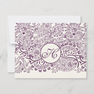 Pájaros morados Damask Monogramas Bodas RSVP