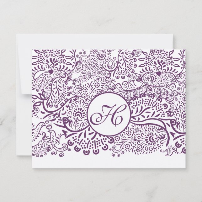 Pájaros morados Damask Monogramas Bodas RSVP (Anverso)