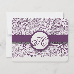 Pájaros morados Damask Monogramas Bodas RSVP