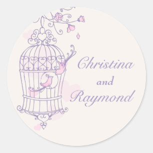 Pájaros morados y rosas abiertos pegatina de boda