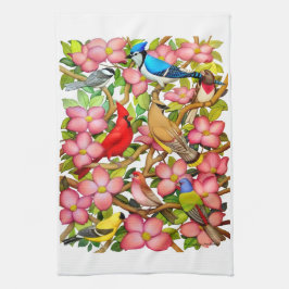Pájaros salvajes coloridos en toalla de cocina del