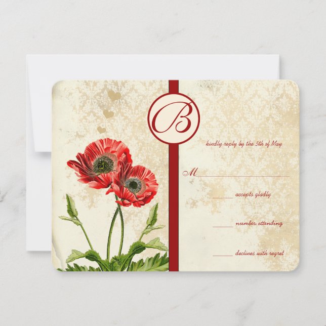 Pájaros Vintage Damask Amapola Boda RSVP (Anverso)
