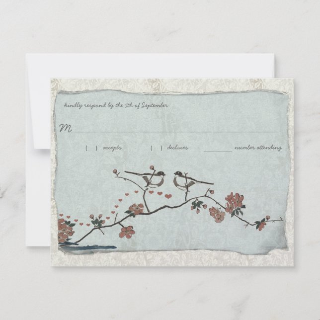 Pájaros Vintage Damask RSVP de Boda (Anverso)