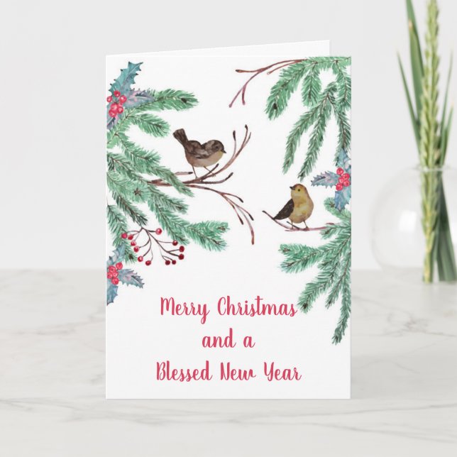 Pájaros y bayas de hojas perennes de Navidad (Anverso)