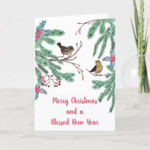 Pájaros y bayas de hojas perennes de Navidad