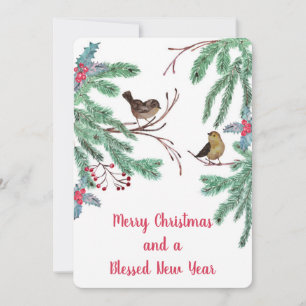 Pájaros y bayas de hojas perennes de Navidad