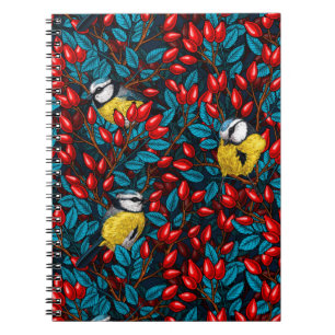 Pájaros y caderas de rosa de perro, cuaderno azul
