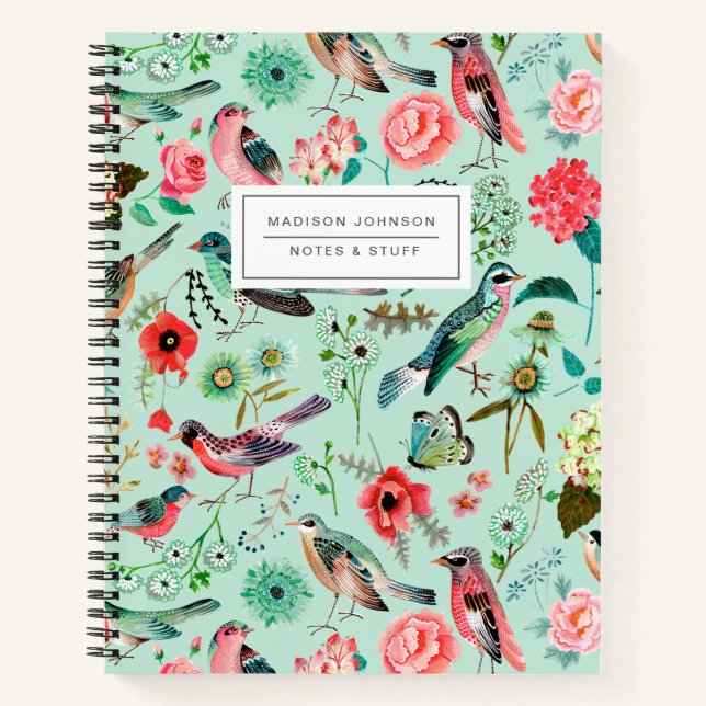Pájaros y cuaderno de impresión verde de menta flo (Anverso)