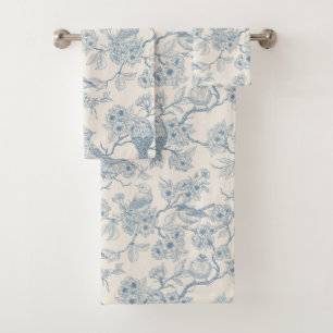 Pájaros y flor de cerezo en azul y blanco desvaído