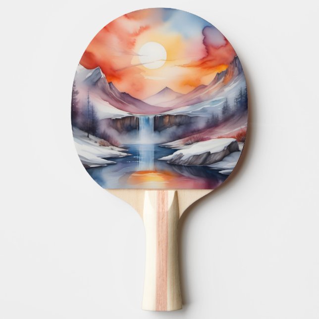 Pala De Ping Pong Acuarela de montañas cubiertas de nieve bajo la pu (Anverso)