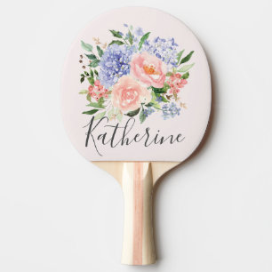 Pala De Ping Pong Acuarela Floral Azul Rosa Primavera Monogramada