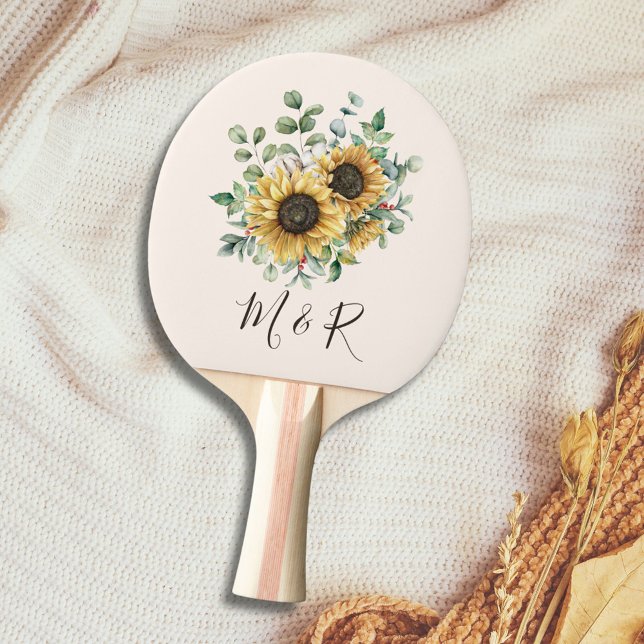 Pala De Ping Pong Acuarela Monogramada Vintage Sunflower (Close up)