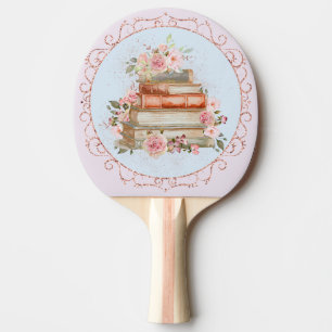 Pala De Ping Pong Acuarela Rosas y Libros Florales Vintage Rosa