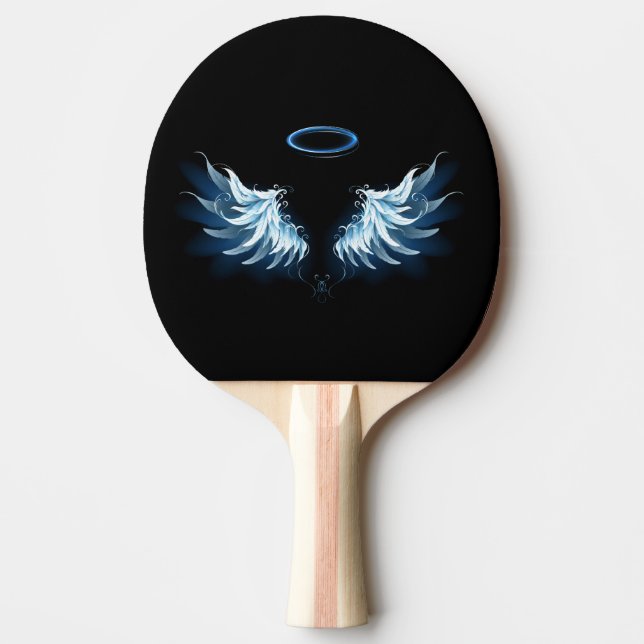 Pala De Ping Pong Alas del Ángel Azul brillante sobre fondo negro (Anverso)