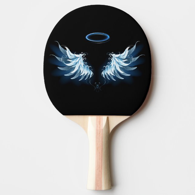 Pala De Ping Pong Alas del Ángel Azul brillante sobre fondo negro (Anverso)