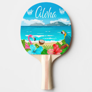 Pala De Ping Pong Aloha hawaiian beach flamingo floral azul