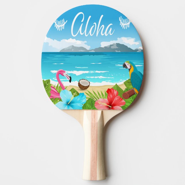 Pala De Ping Pong Aloha hawaiian beach flamingo floral azul (Anverso)