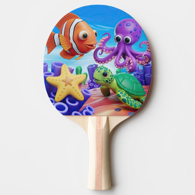 Pala De Ping Pong Aluminio amarillo, tortuga verde y pez payaso rojo (Anverso)