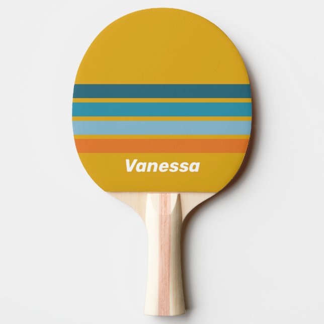 Pala De Ping Pong Amarillo Retro a través de franjas con nombre (Reverso)