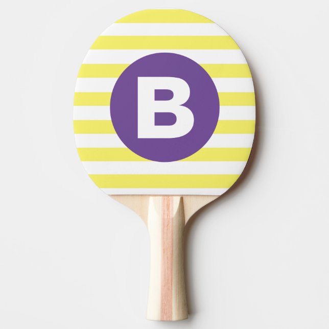 Pala De Ping Pong Amarillo soleado rayado monograma púrpura (Anverso)