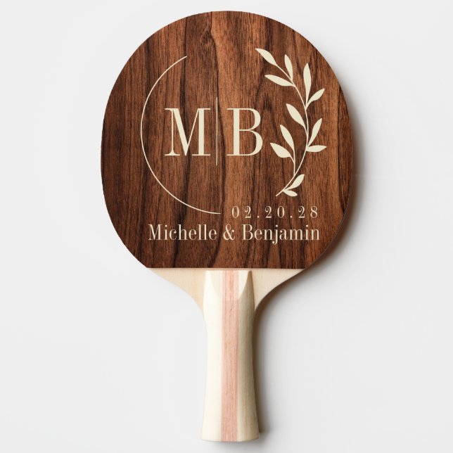 Pala De Ping Pong Antique Cherry Wood Leaf Wedding Monogram (Reverso)