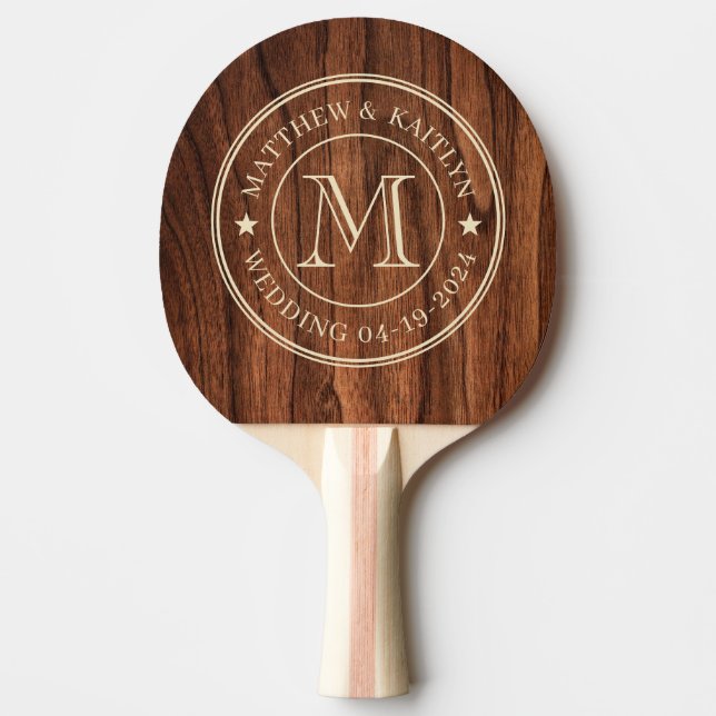 Pala De Ping Pong Antique Cherry Wood Wedding Monogram Star (Anverso)