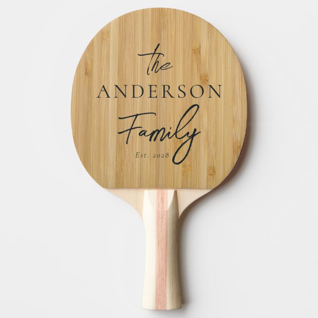 Pala De Ping Pong Apellido Manuscrito de Bambú Oscuro (Anverso)