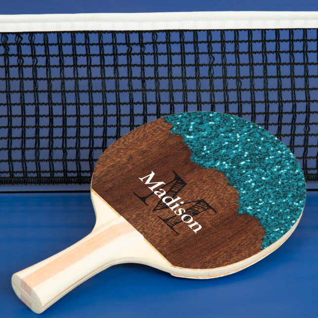 Pala De Ping Pong Aqua azul brillante madera marrón rústica Monogram (in situ)