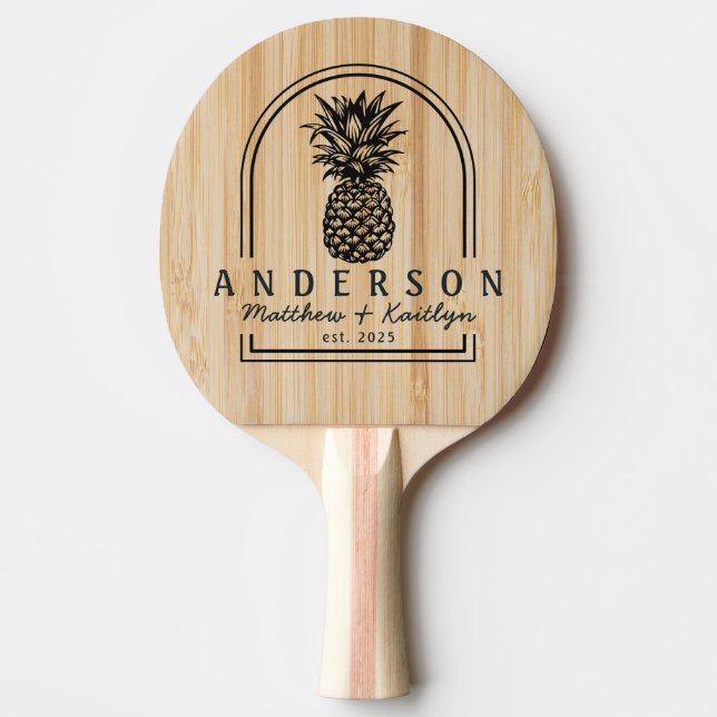 Pala De Ping Pong Arco de Boda de Piña de Bambú Blanco & Nombre (Anverso)