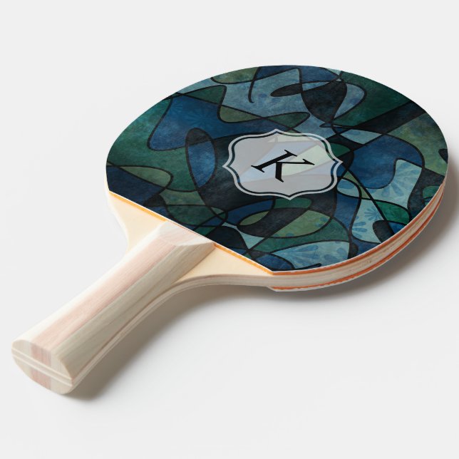 Pala De Ping Pong Arte abstracto verde azulado con monograma de (Ángulo trasero)