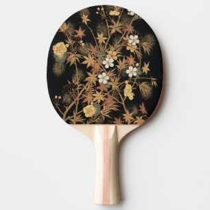 Pala De Ping Pong Arte Floral de Otoño Vintage Japonés Negro Dorado