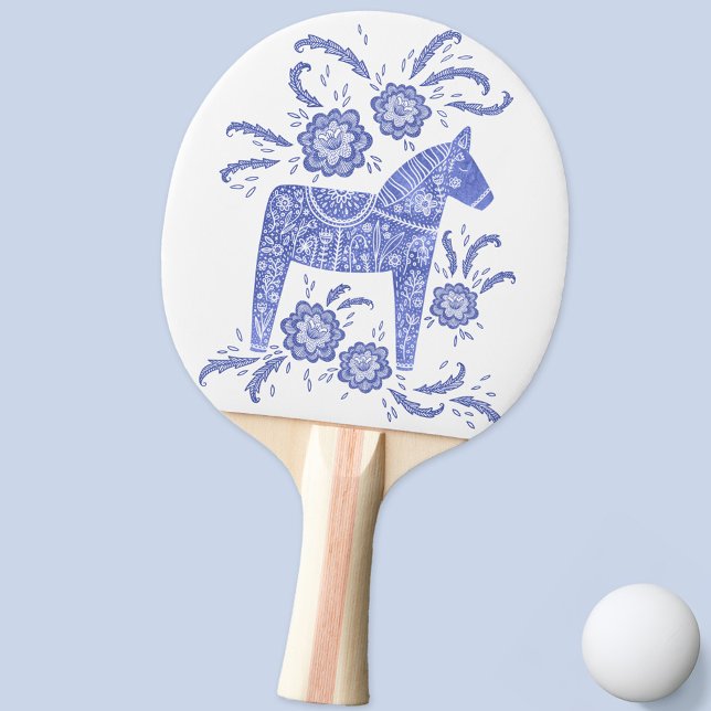 Pala De Ping Pong Arte folclórico dala sueco indigo azul (Swedish Dala Horse blue and white folk art ping pong paddle)