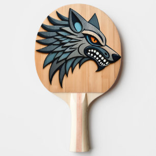 Pala De Ping Pong Arte Tribal Estilizado de Lobo con Ojos Naranjas