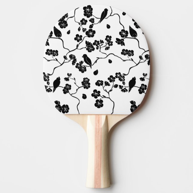 Pala De Ping Pong Aves con motivos blancos y negros en flores de cer (Anverso)