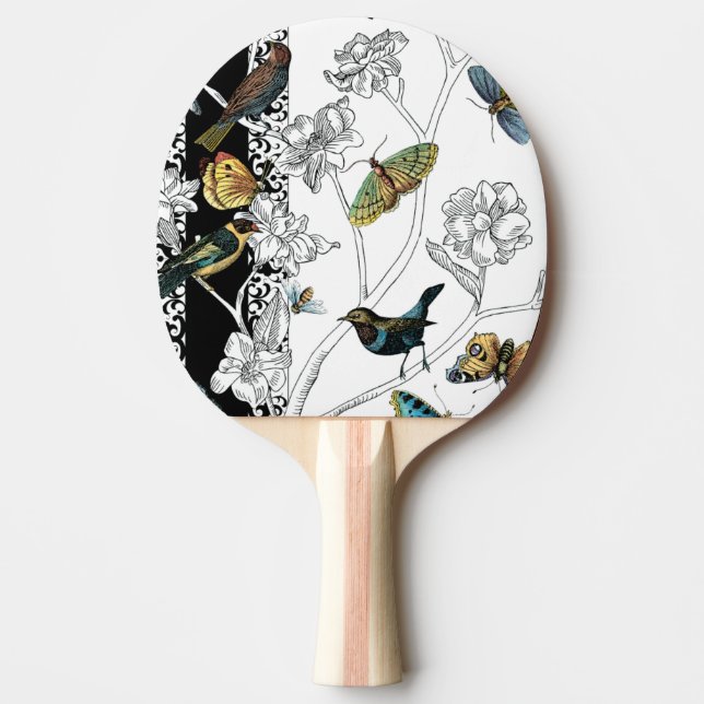 Pala De Ping Pong Aves y mariposa en un fondo blanco y negro (Anverso)